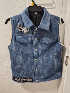 Hellfire Club Denim Vest Skull & Demobat Slayer Patches Size Med Distressed Look